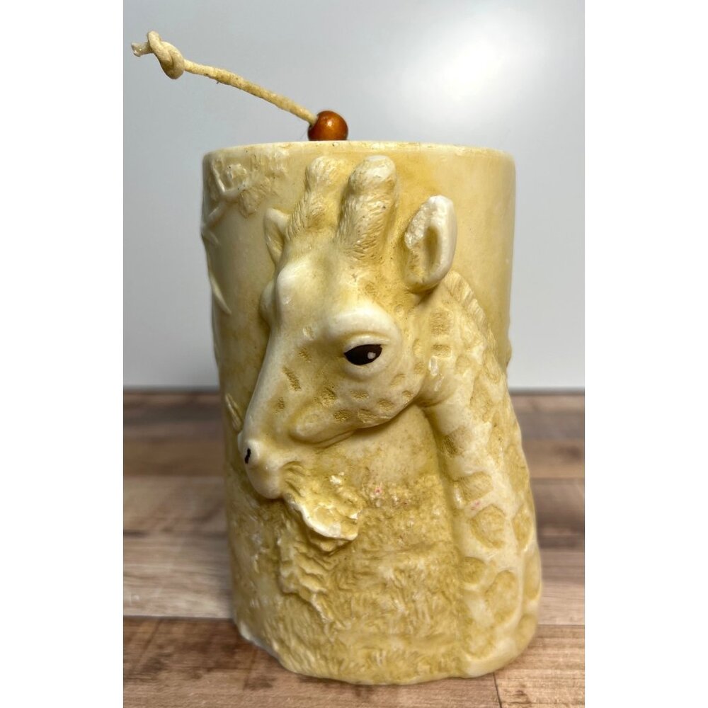 Handmade Carved Giraffe Ivory-Colored Wax Candle With Rustic Rope & Wooden Bead